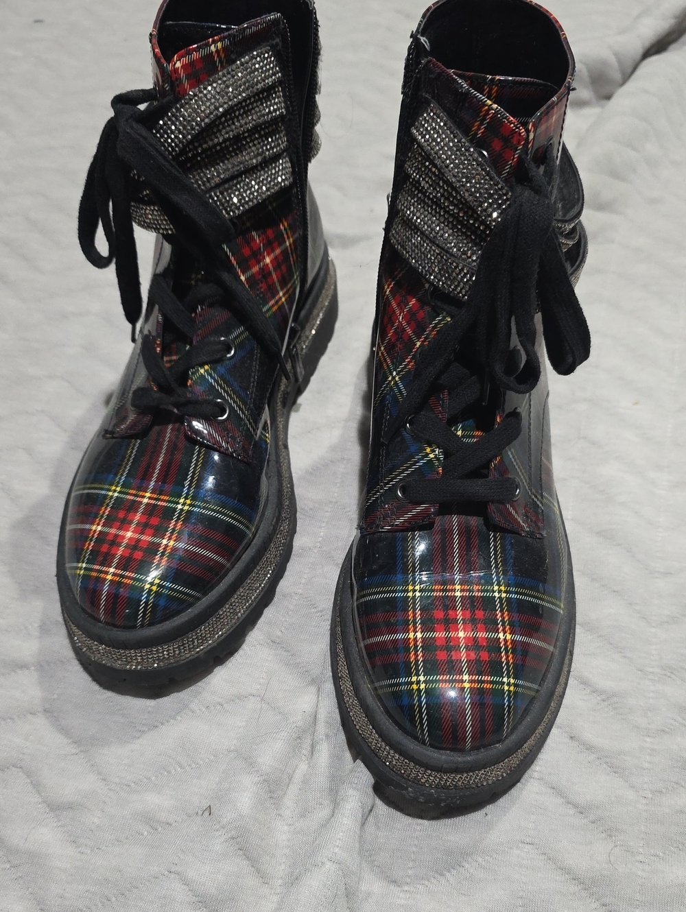 Jessica Simpson Red & Black Plaid Lace-Up Combat Booties with Rhinestone Strap